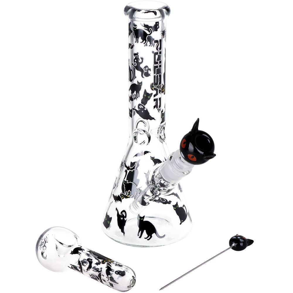 Pulsar ~ Superstitious Kitty GLOW Glass Herb Pipe Duo - 9.75" / 14mm F