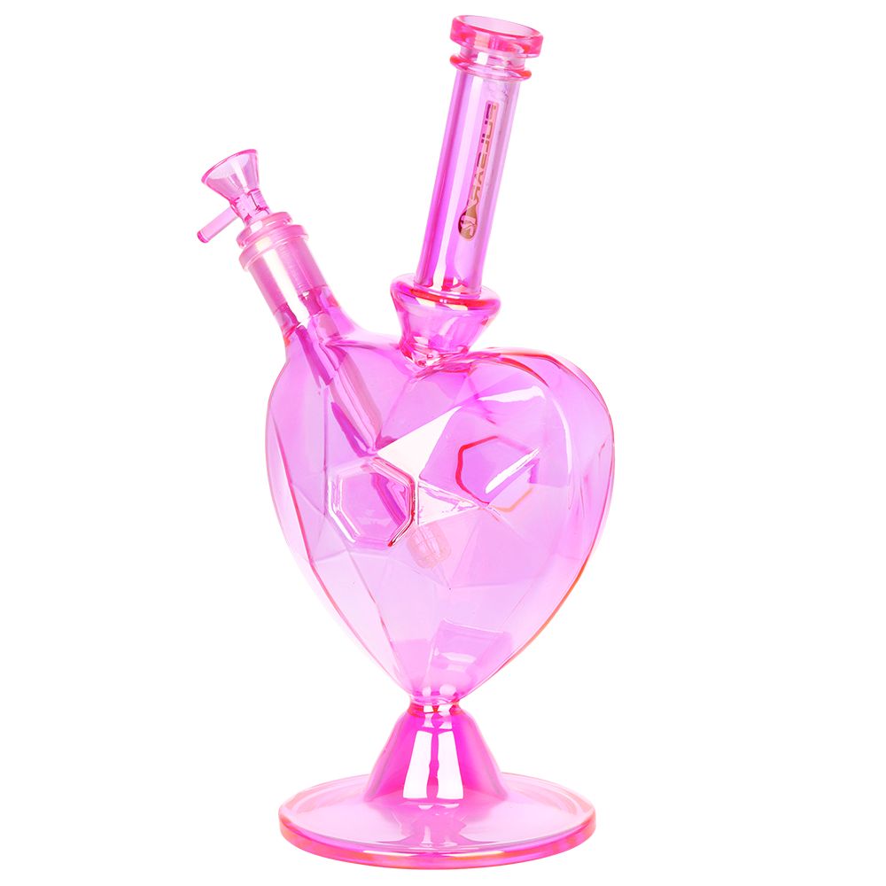 Pulsar ~ Diamond Faceted Heart Glass Water Pipe - 11.75" / 14mm F / Pink