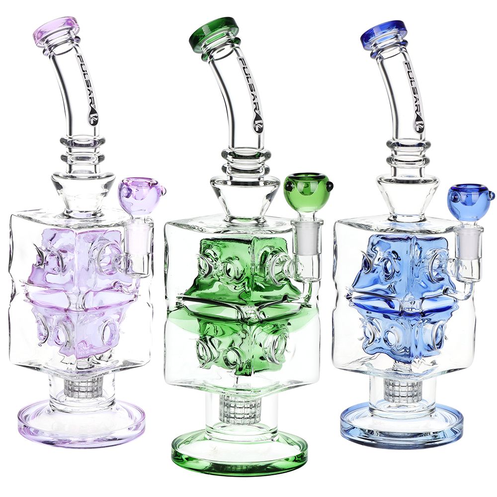 Pulsar ~ Double Swiss Perc Blocks Glass Water Pipe - 12.5" / 14mm F / Blue