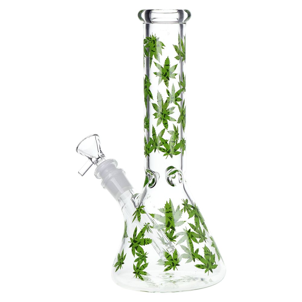 SeshGear - Green Leaf Beaker Glass Water Pipe - 9.75" / 14mm F