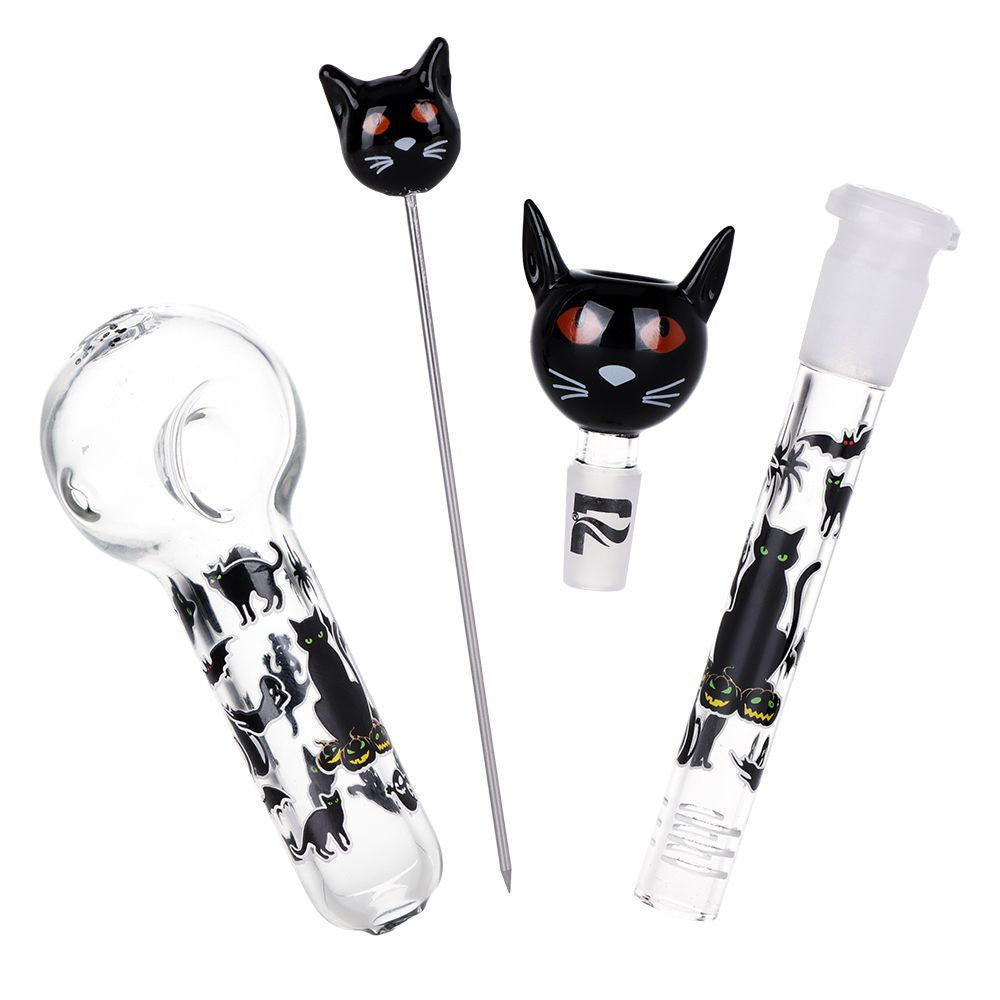 Pulsar ~ Superstitious Kitty GLOW Glass Herb Pipe Duo - 9.75" / 14mm F