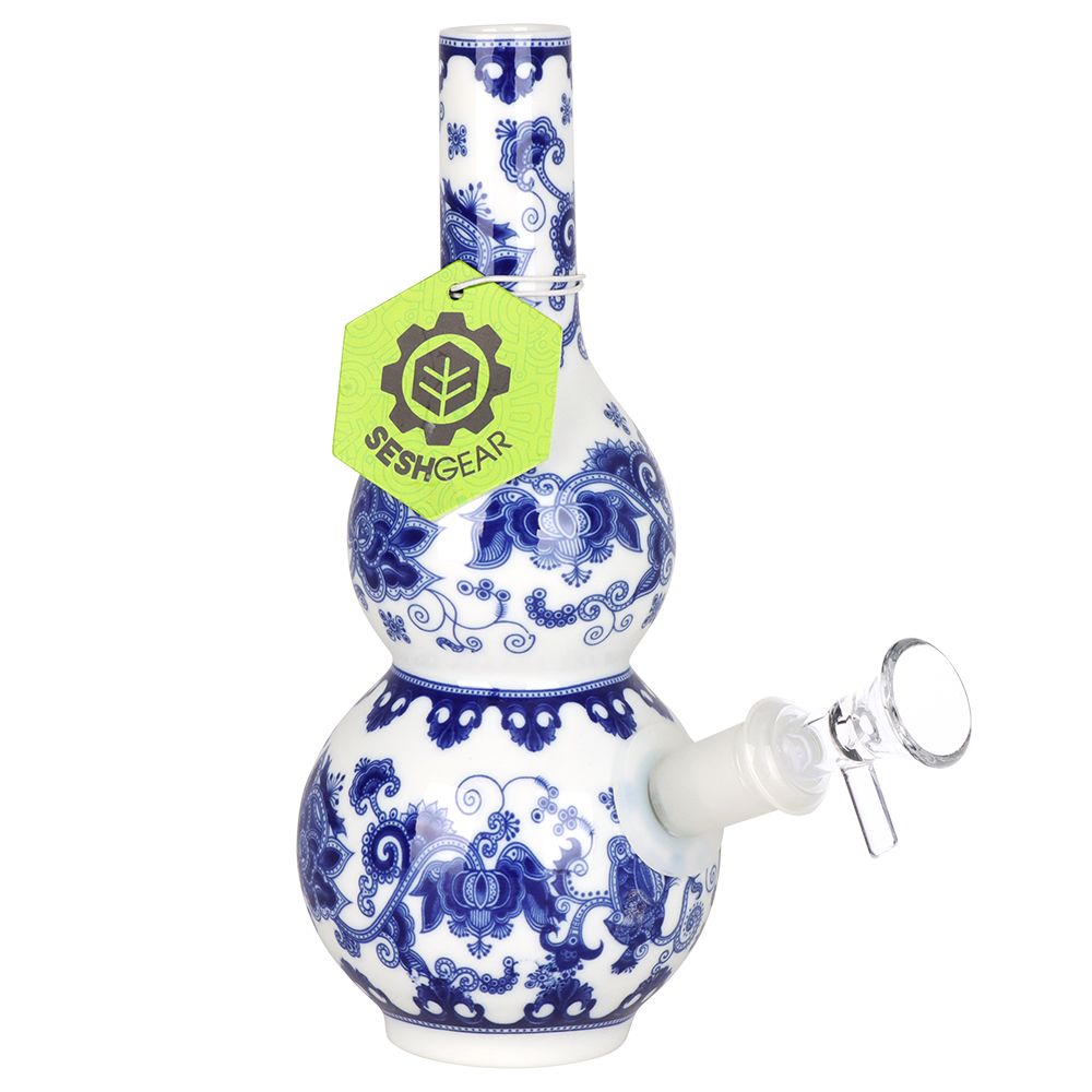 SeshGear ~ Chinese Vase Ceramic Water Pipe - 7.75" / 14mm F / Double Bubble Base