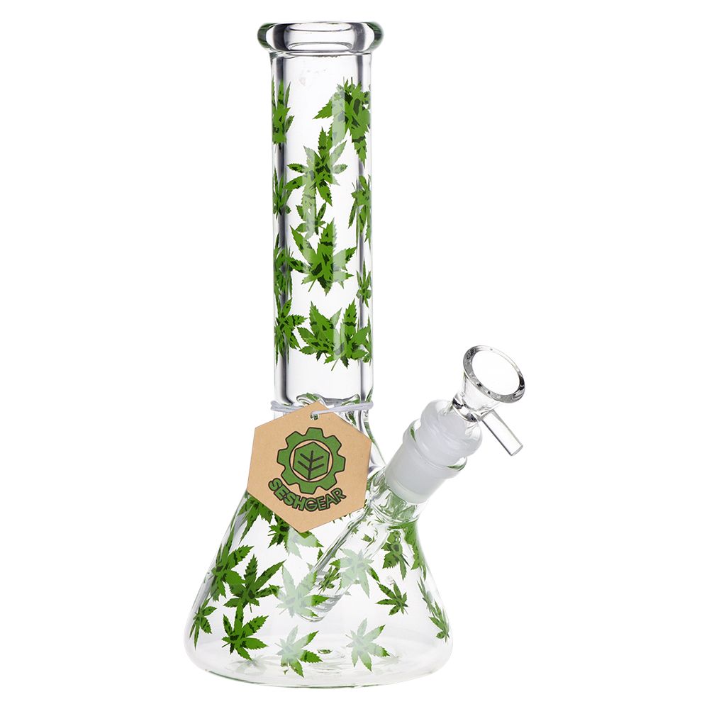 SeshGear - Green Leaf Beaker Glass Water Pipe - 9.75" / 14mm F