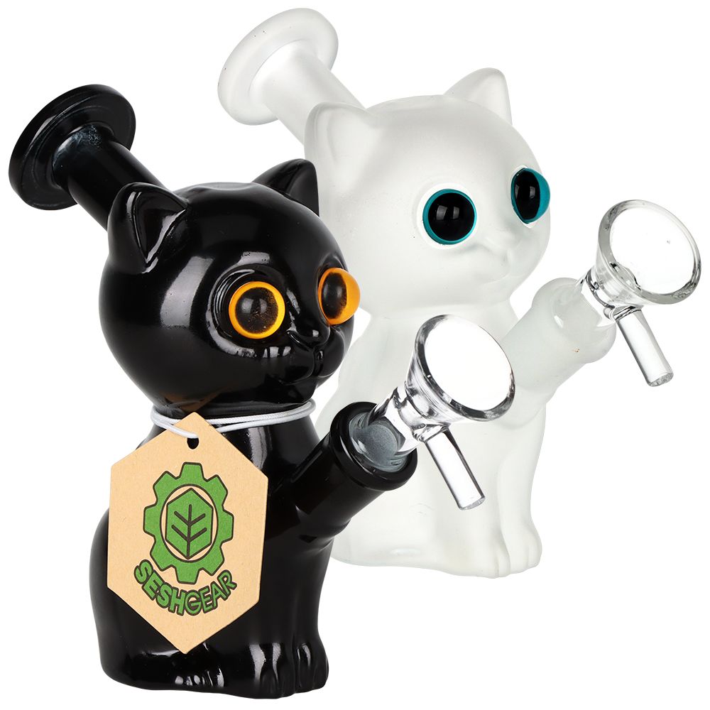 SeshGear ~ 2PC SET - SeshGear Mesmorizing Kitty Glass Water Pipe  - 4.75" / 14mm F / Assorted Colors