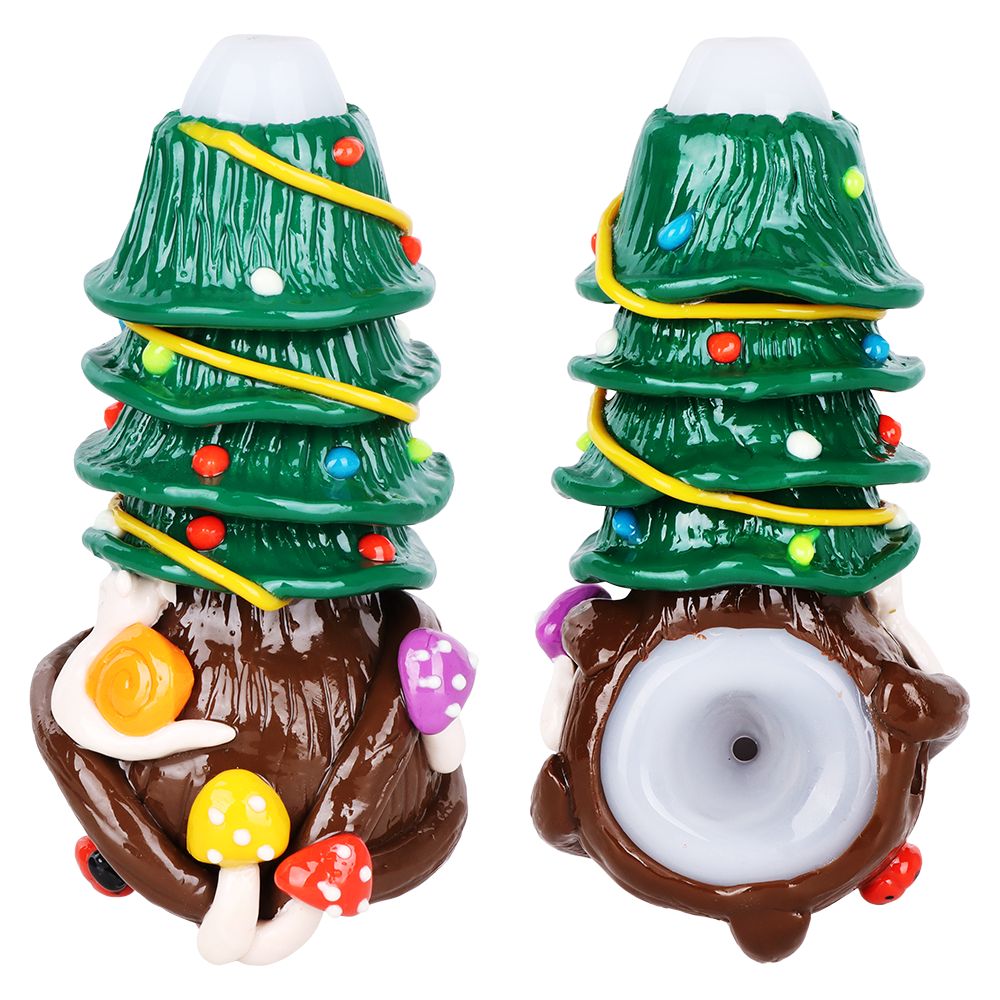 Shroom Xmas Tree Enamel Resin Sculpted Glass Spoon Pipe - 5"