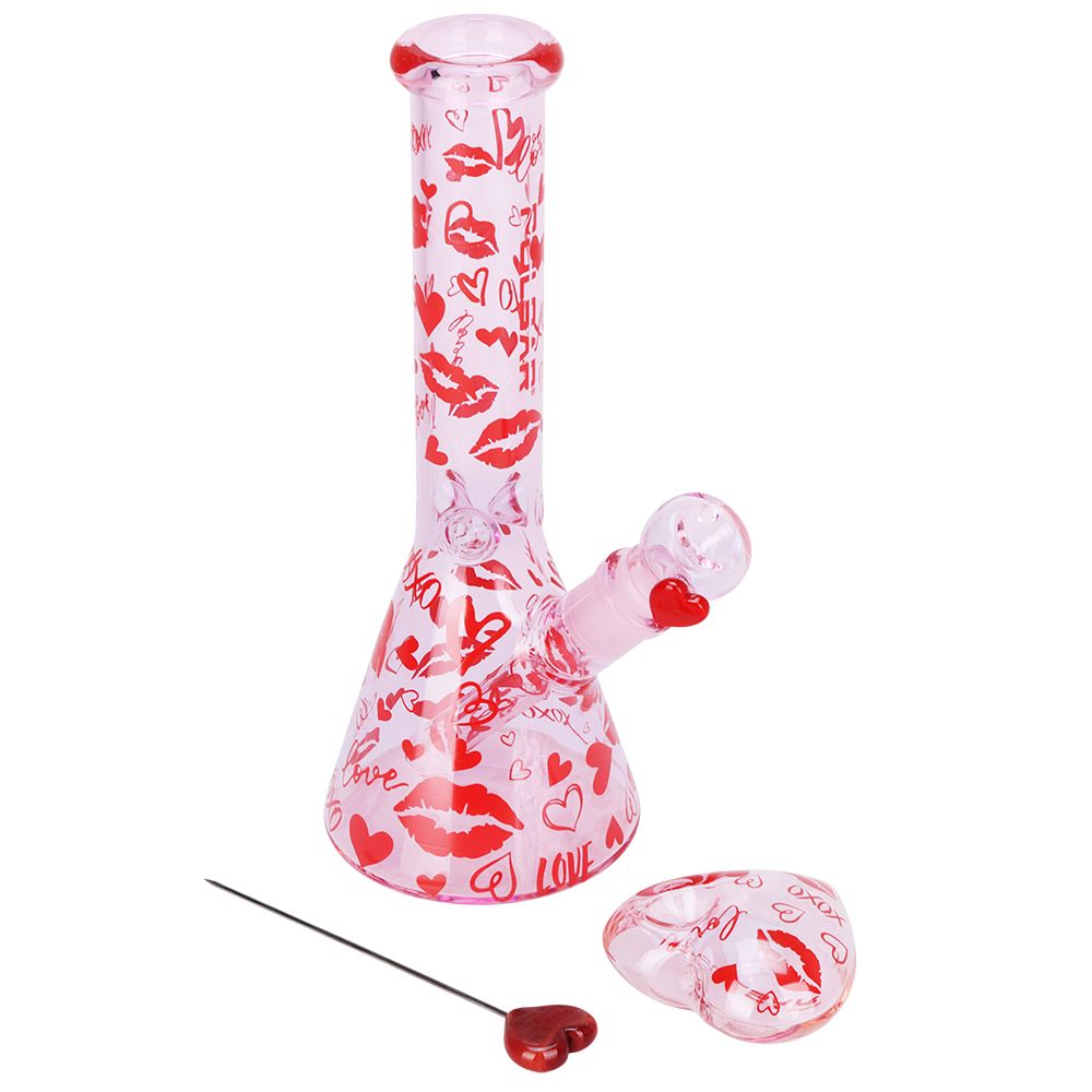 Pulsar ~ Valentine's XOXO Glass Beaker Water Pipe & Hand Pipe Set - 10" / 14mm F