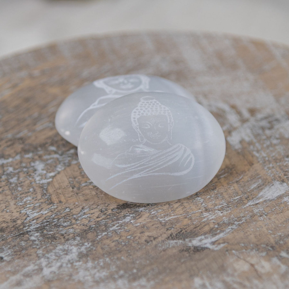 Buddha Engraved Selenite Palm Stone