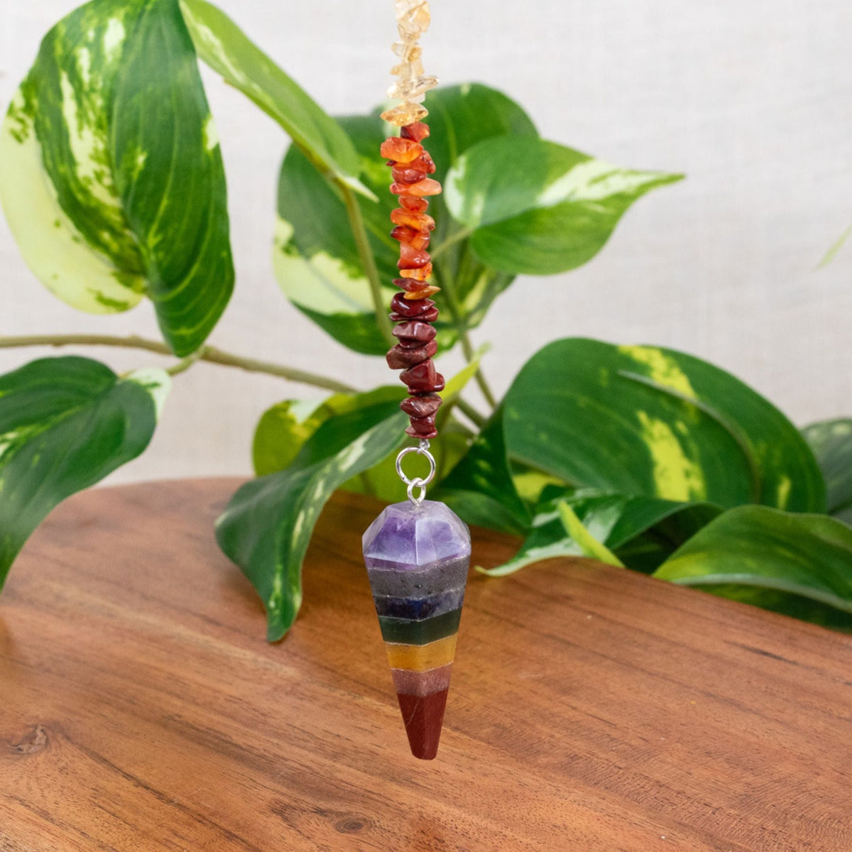 7 Chakra Faceted Pendulum with 7 Chakra Chip Chain