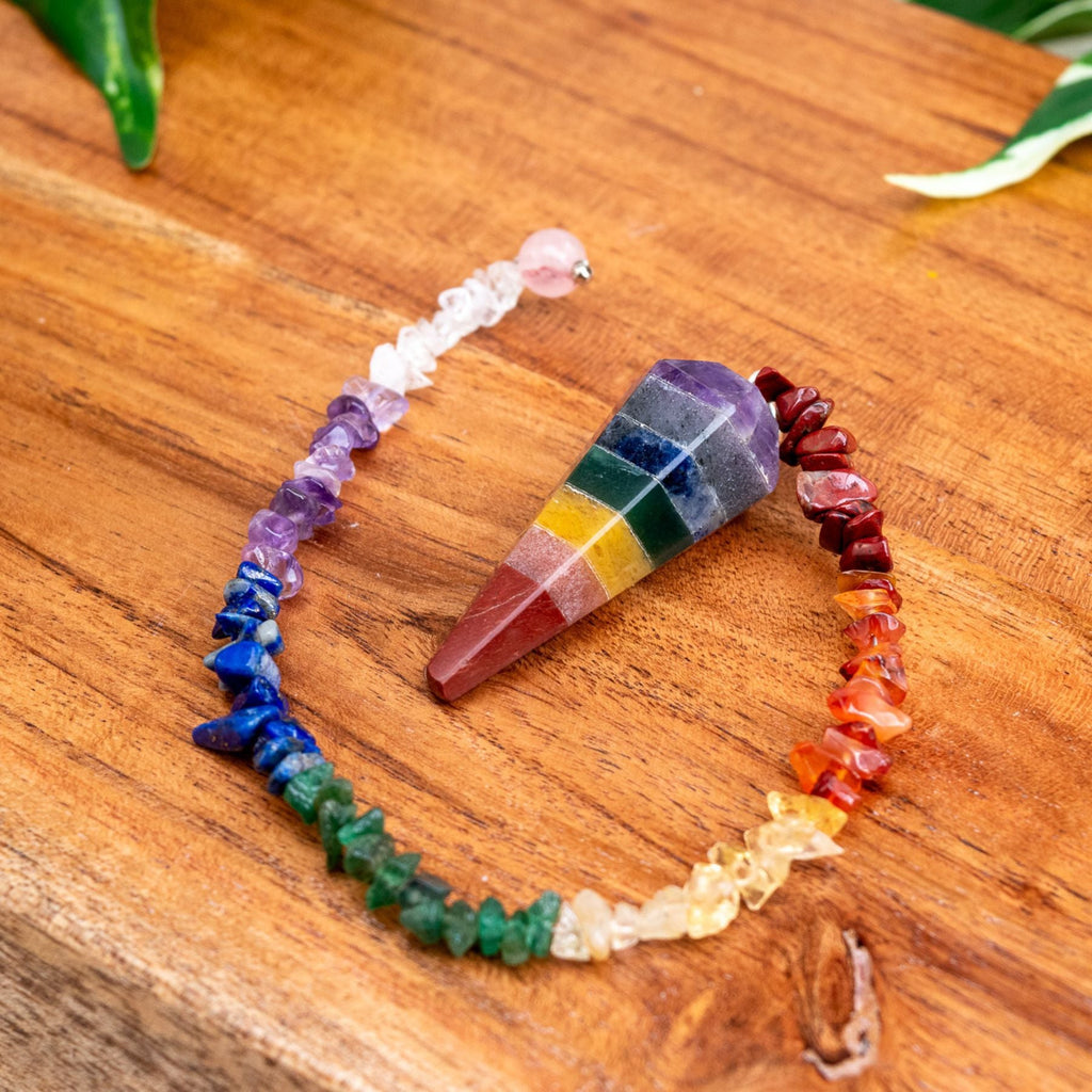 7 Chakra Faceted Pendulum with 7 Chakra Chip Chain