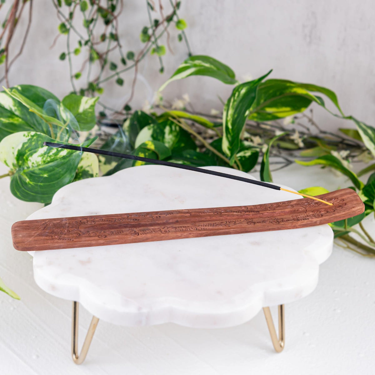 Floral Carved Wood Incense Holder