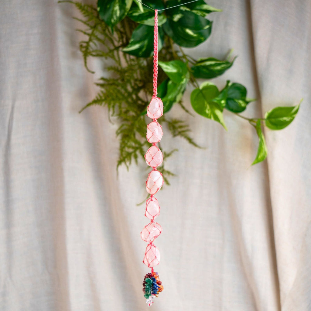 Rose Quartz Car Mobile With Chakra Beads