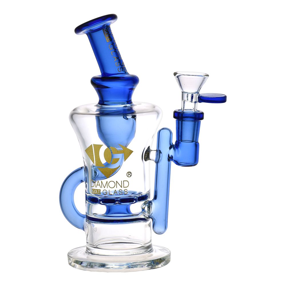 Diamond Glass - Gold Ratchet Perc Recycler Water Pipe - 7.75" / 14mm F