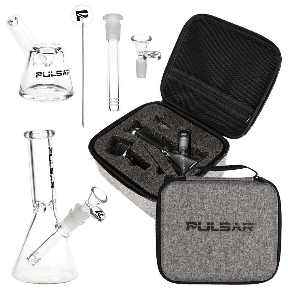 Pulsar ~ Slant Neck Beaker Glass Water Pipe Zippered Case Travel Kit - 7" / Clear