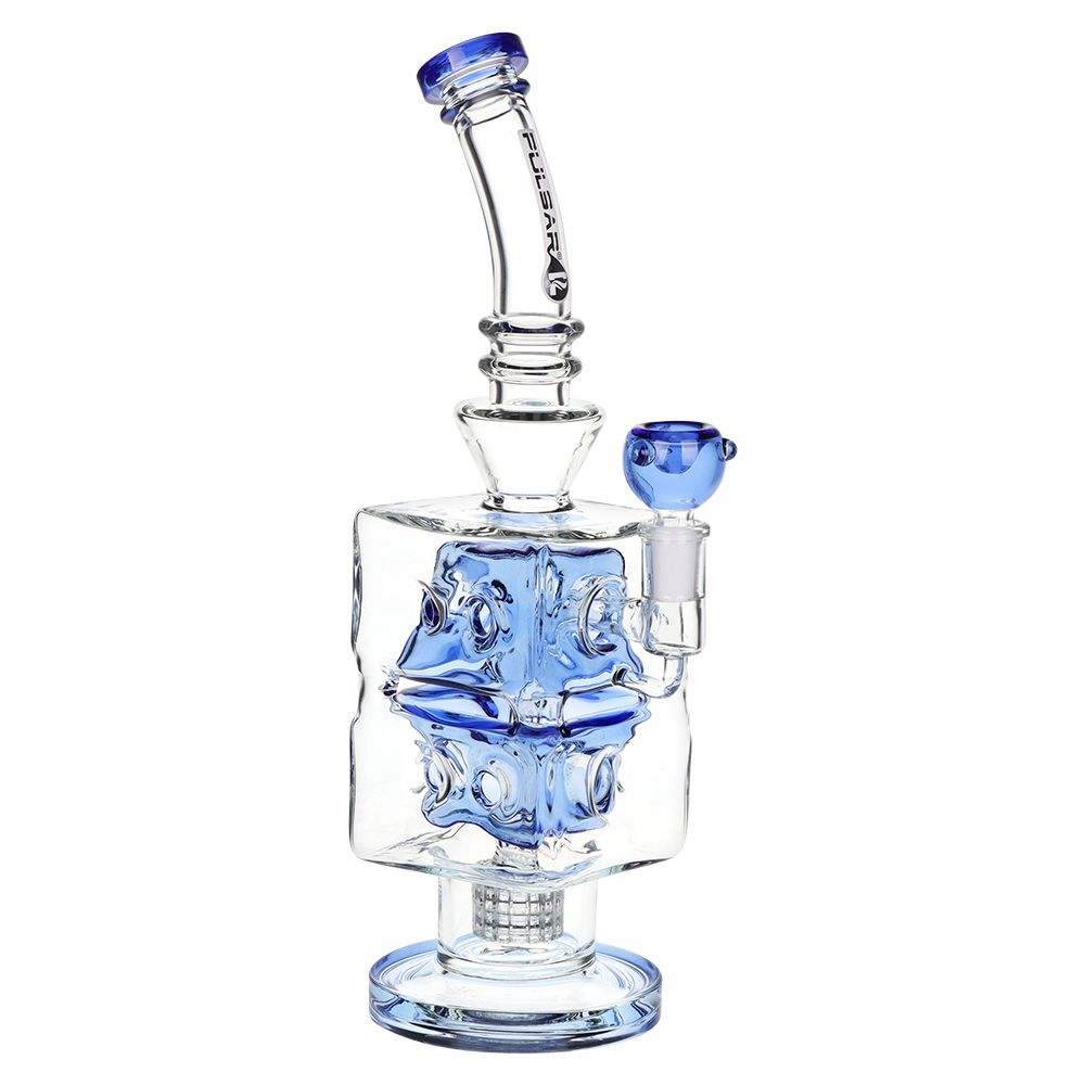 Pulsar ~ Double Swiss Perc Blocks Glass Water Pipe - 12.5" / 14mm F / Blue