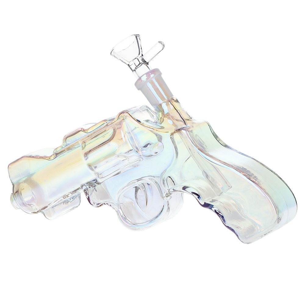 SeshGear - Snub Nose Revolver Glass Water Pipe - 7.5" / 14mm F / Clear, smoke, electroplated 3ct