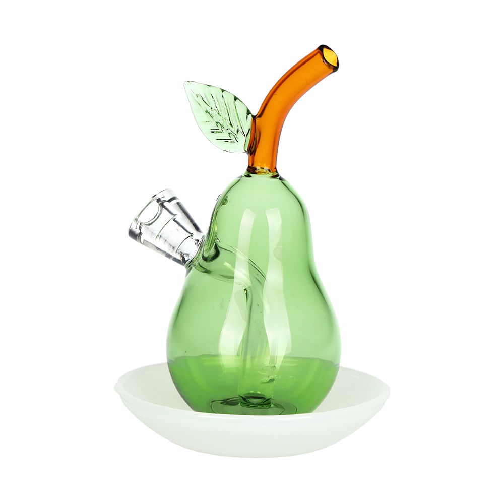 Perfect Pear on Dish Glass Cone Bubbler - 4.5" / Green