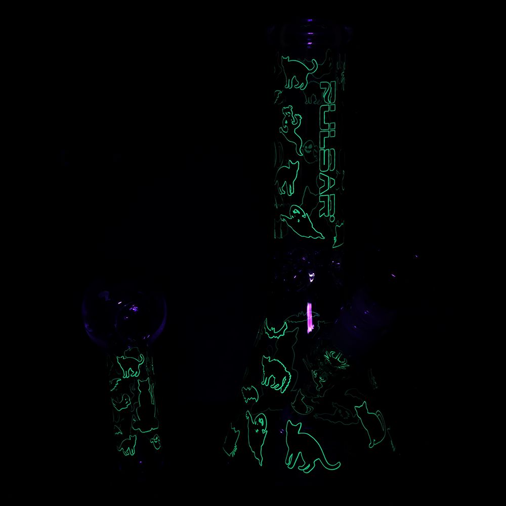 Pulsar ~ Superstitious Kitty GLOW Glass Herb Pipe Duo - 9.75" / 14mm F