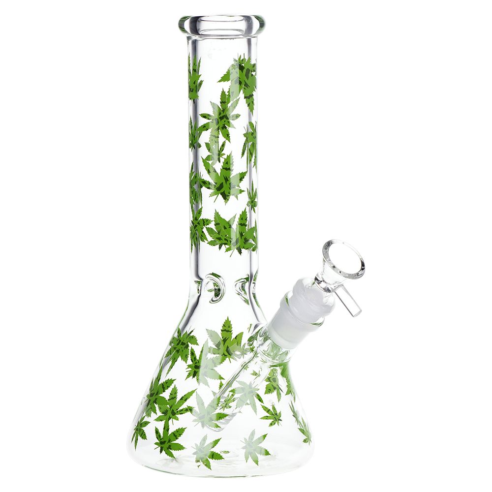 SeshGear - Green Leaf Beaker Glass Water Pipe - 9.75" / 14mm F