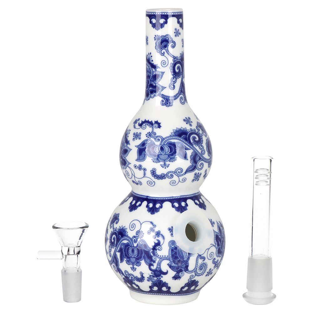 SeshGear ~ Chinese Vase Ceramic Water Pipe - 7.75" / 14mm F / Double Bubble Base