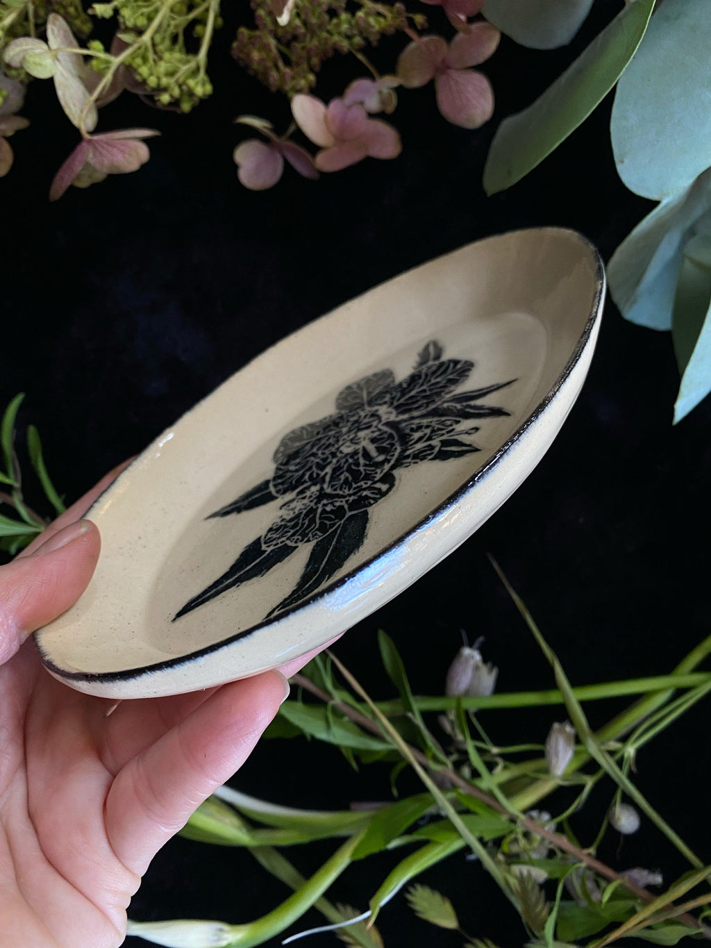 Black and Green Sgraffito Henbane Ceramic Offering Plates