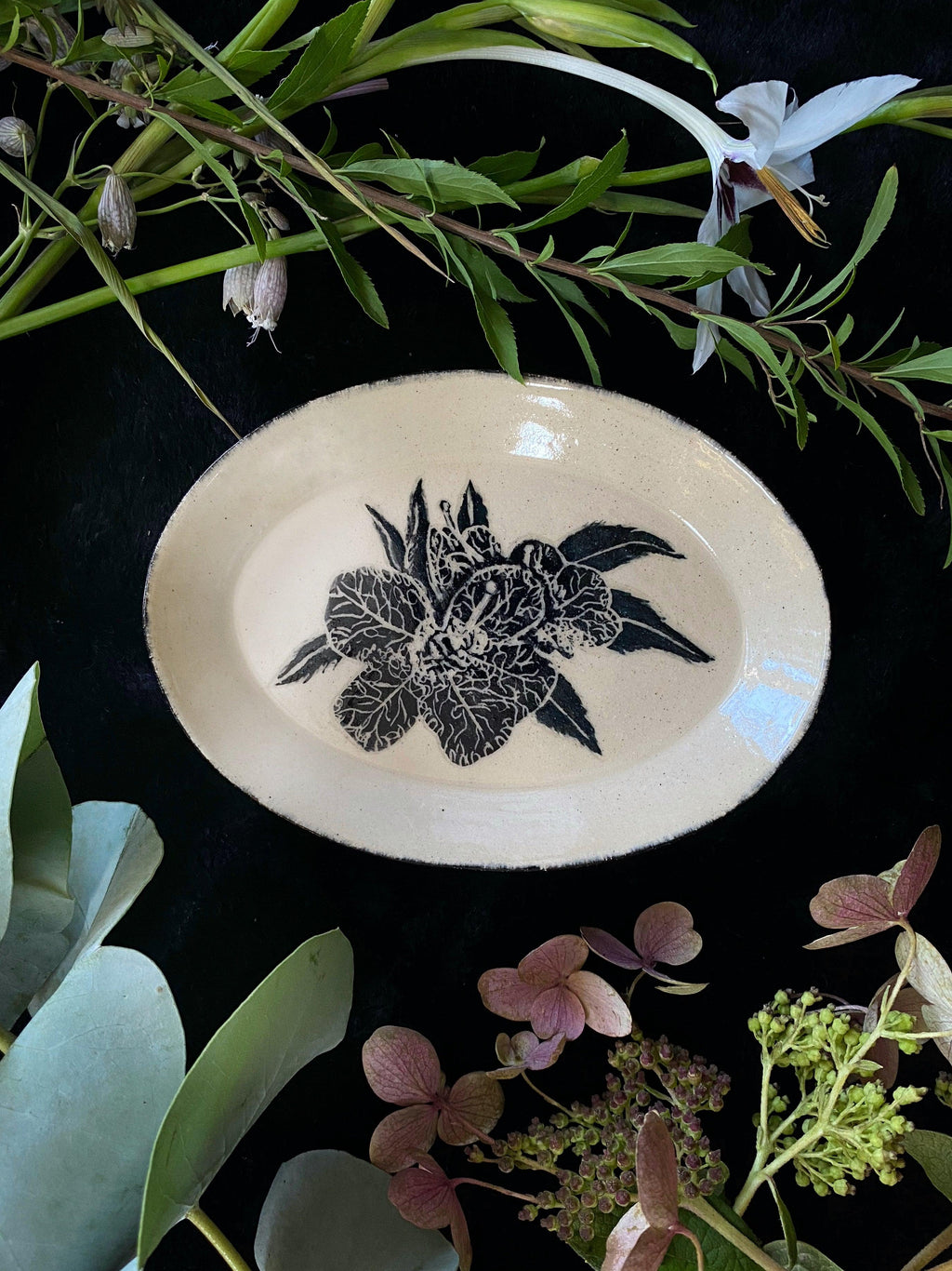 Black and Green Sgraffito Henbane Ceramic Offering Plates